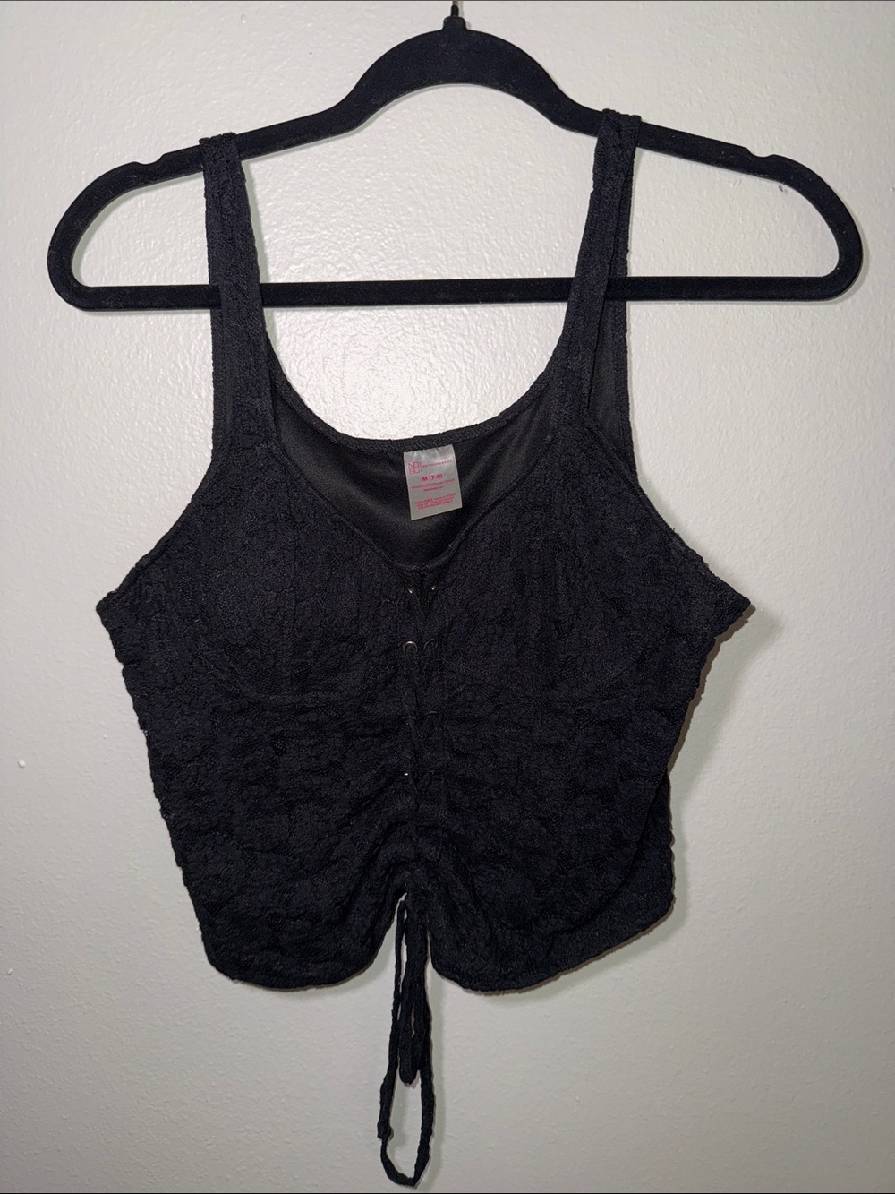 No Boundaries Black Lace Cropped Tank with Front Drawstring